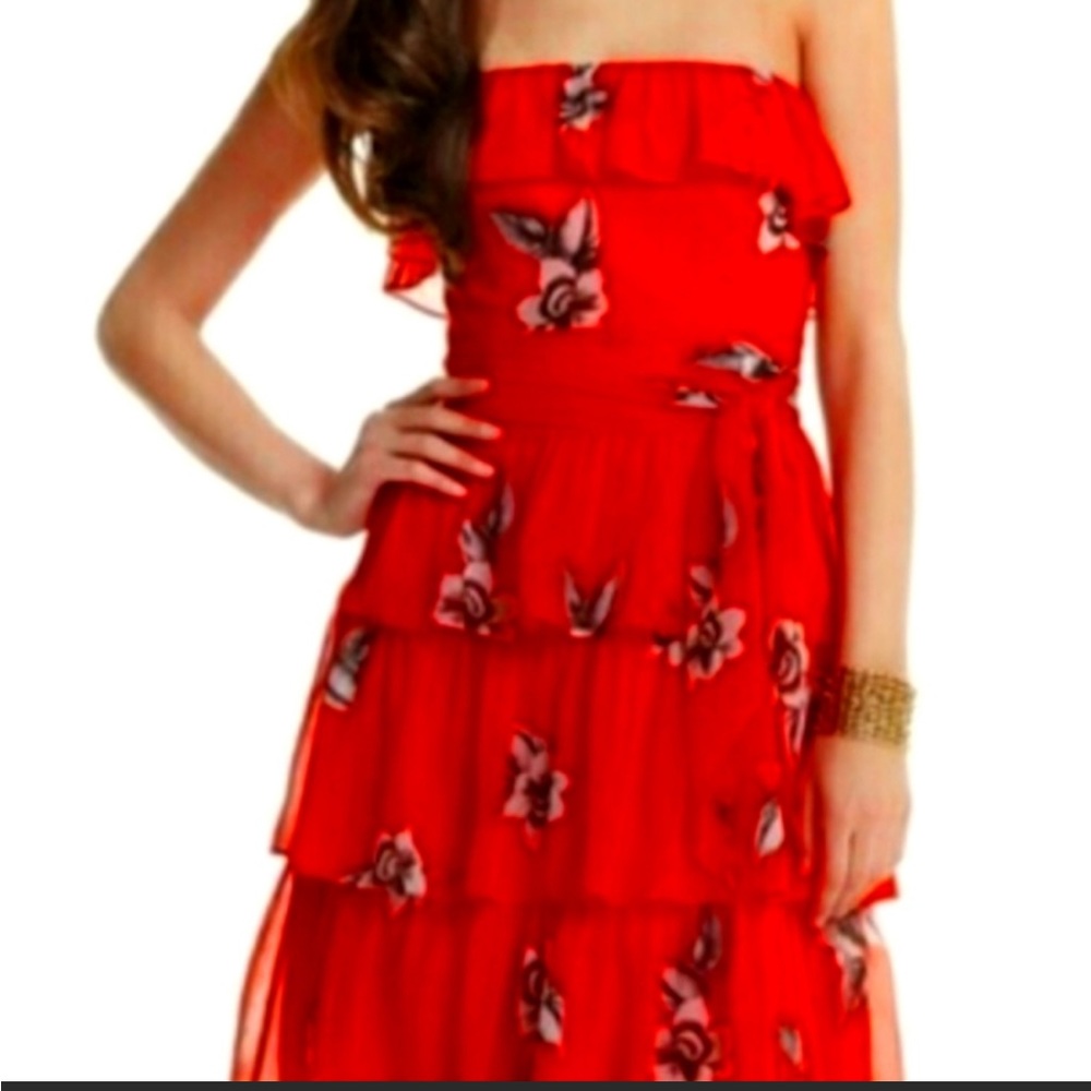 White House Black Market Red Floral Tiered Mini Dress